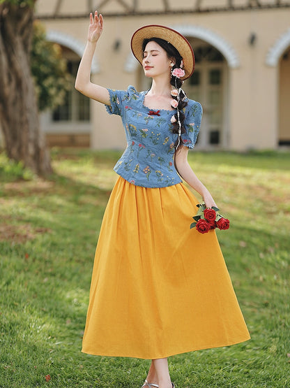 Disney wears a Hong Kong-style  slim-fit embroidered top with a yellow skirt for coffee break, a chic and beautiful small set.