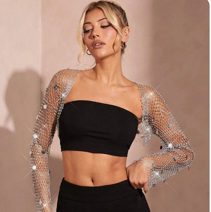 2025 F4911Y Cross mirror fishnet sequined cardigan top with diamonds Blingbling  Coverups top