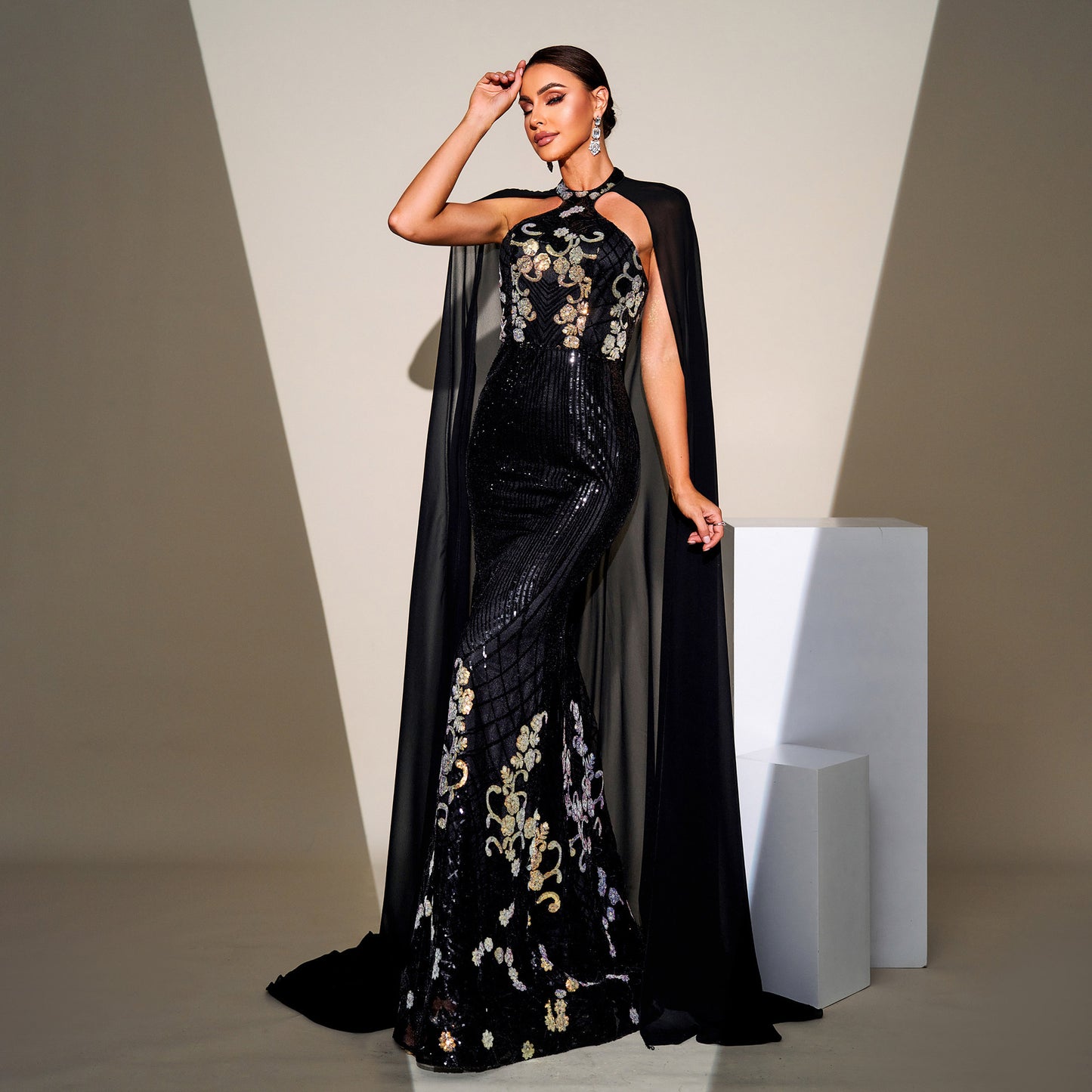 2025 high-end temperament neck long sequined mesh shawl banquet evening dress bridesmaid dress women
