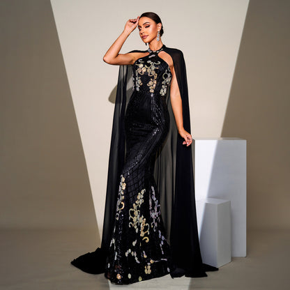 2025 high-end temperament neck long sequined mesh shawl banquet evening dress bridesmaid dress women