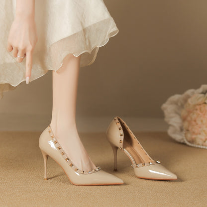 2025 966-A8 pointed thin heel high heels women's bag head side empty high heel sandals women's sexy rivet single shoes are not tired