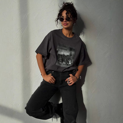 loose casual design top  retro niche printing short-sleeved T-shirt women