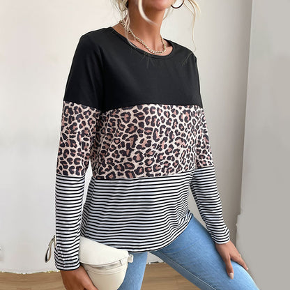 LOVEVOP Popular trade popular autumn 2025 contrasting color pullover top round neck street leopard print splicing bottoming T-shirt women