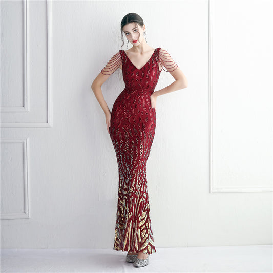 19279 #sequin beaded model, socialite banquet temperament split fork long short-sleeved sequin aura queen fishtail skirt