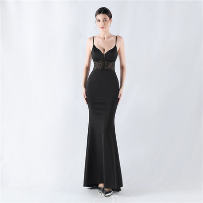 31916 #Hot trade new heavy industry fishbone vest shaping mesh yarn hot diamond sling hip fish tail evening dress