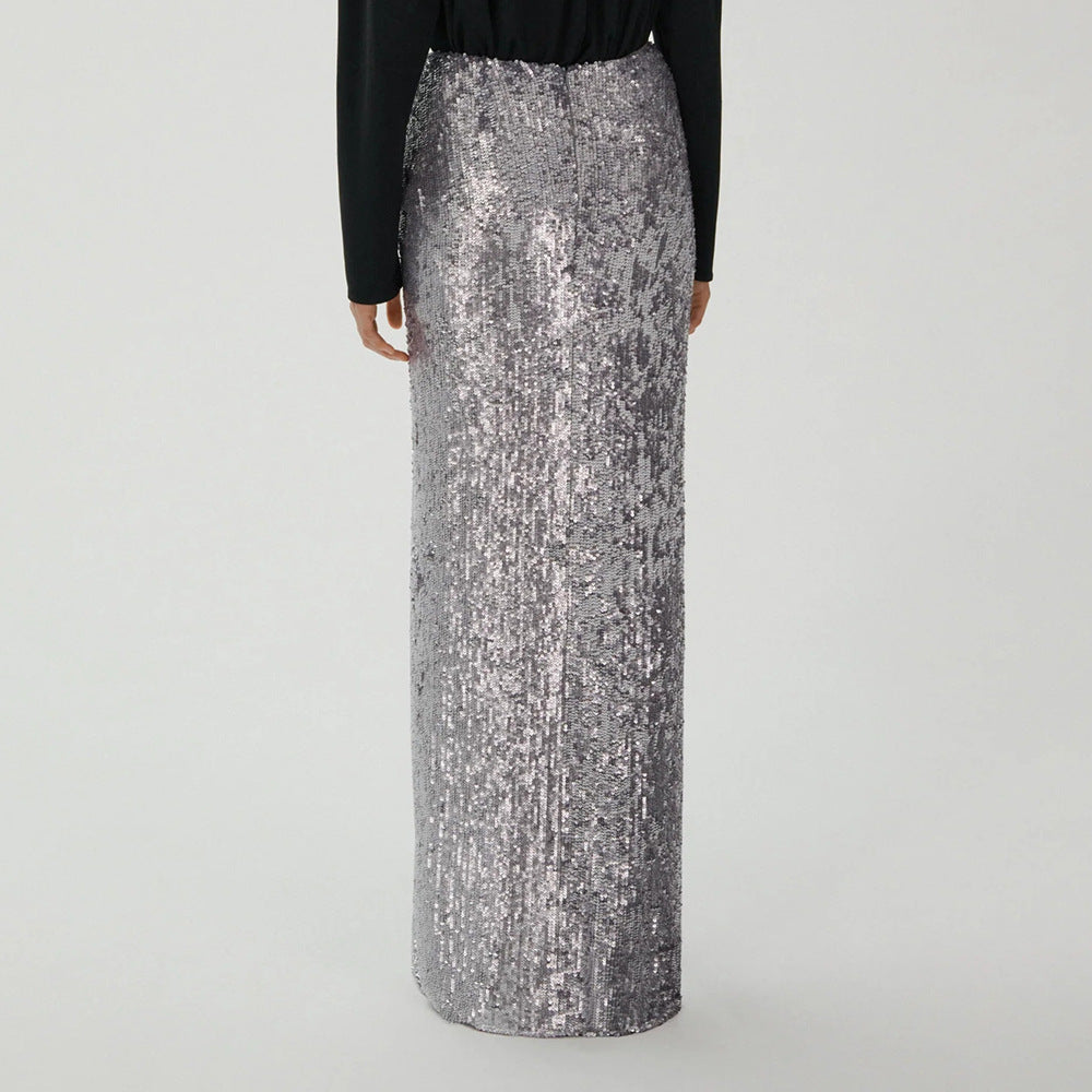 LOVEVOP popular autumn new silver sexy dress shiny long dress  New large size  sequined skirt