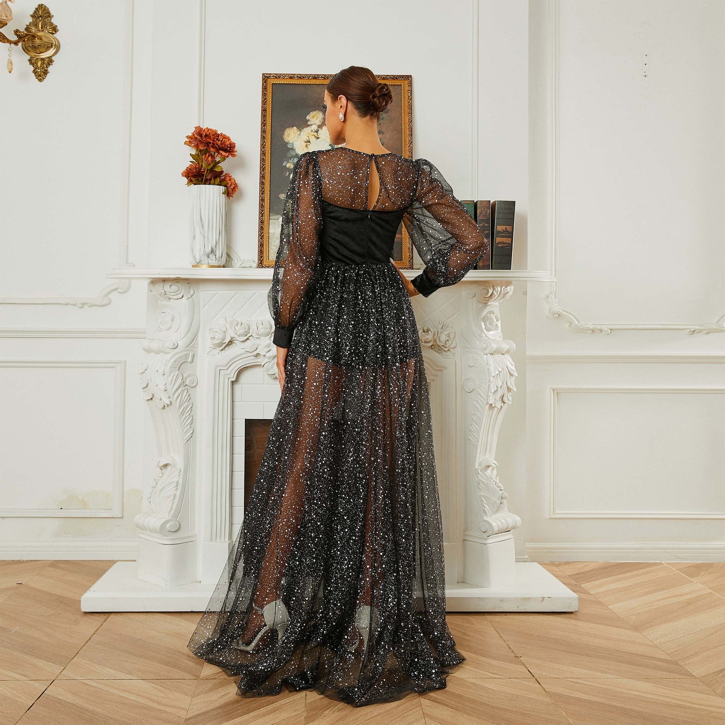 2025 new high-end long-sleeved crew neck banquet sequined mesh pendulum evening dress bridesmaid dress dress women