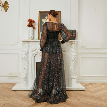 2025 new high-end long-sleeved crew neck banquet sequined mesh pendulum evening dress bridesmaid dress dress women