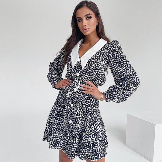 2025 autumn  fashion women's clothing bubble sleeve floral dress commuter versatile short skirt long sleeve A word skirt women