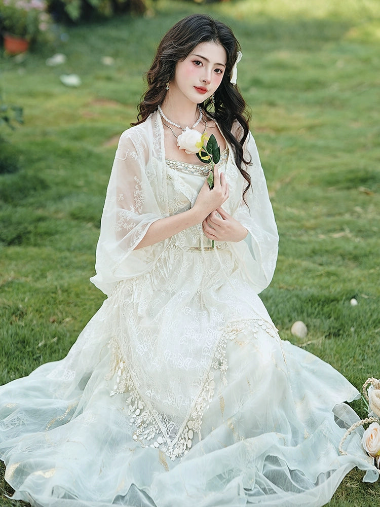 2025 Huge beautiful summer dress exotic style wear seaside vacation  lace embroidered suspender skirt set