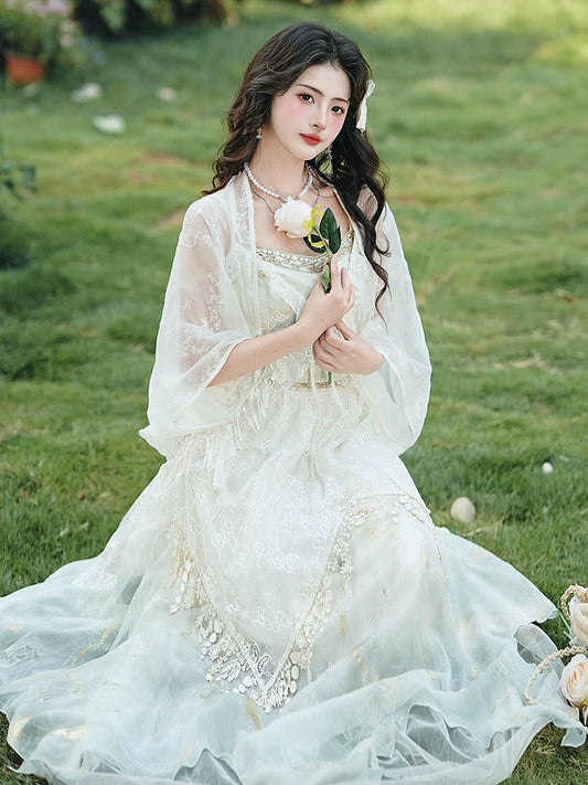 2025 Huge beautiful summer dress exotic style wear seaside vacation  lace embroidered suspender skirt set