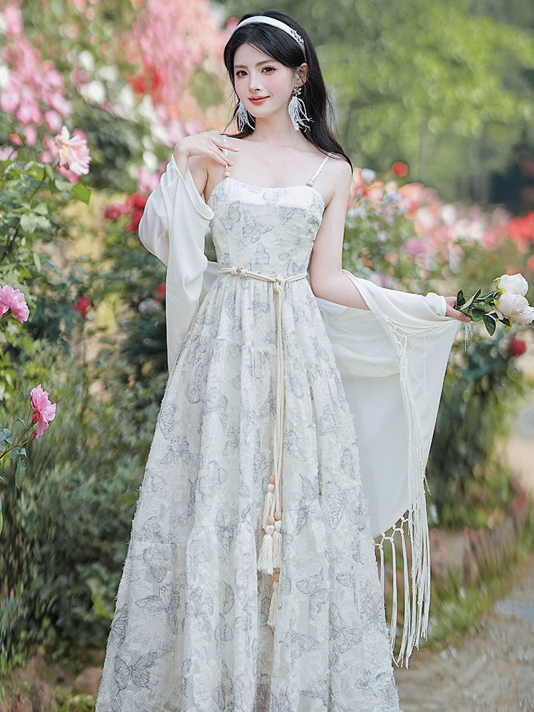 Coffee Break  Floral Dress Salt Sweet Seaside Holiday Beach Dress Suspender Skirt Outer Cardigan Set