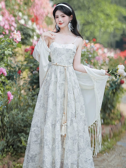 Coffee Break  Floral Dress Salt Sweet Seaside Holiday Beach Dress Suspender Skirt Outer Cardigan Set