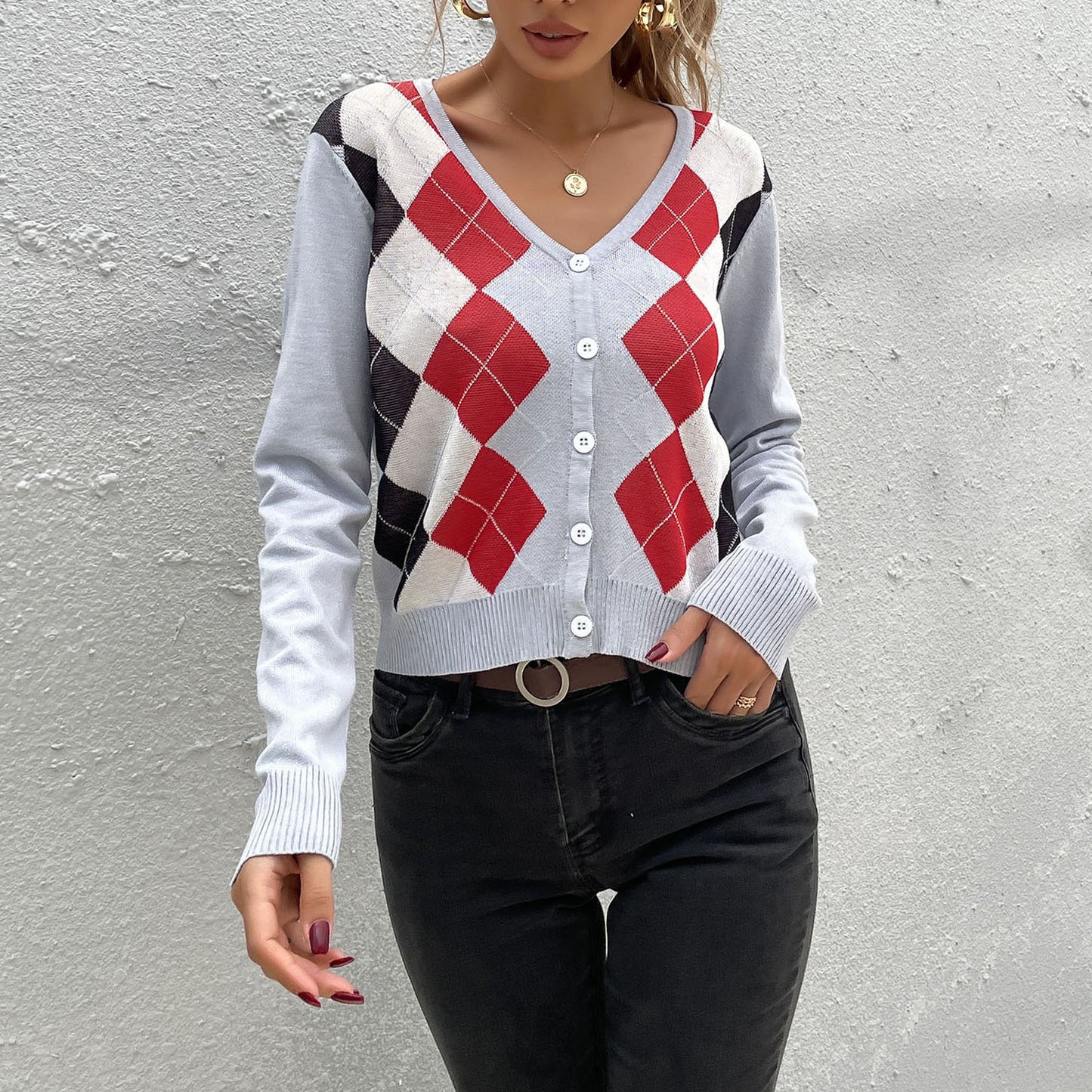 LOVEVOP popular autumn new New 2025 college rhombus v-neck sweater slim-fitting knitted cardigan women's long-sleeved top