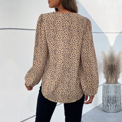 LOVEVOP Cross-border  popular spring and summer Popular trade 2025 commuter tops long-sleeved V-neck leopard print design shirts women