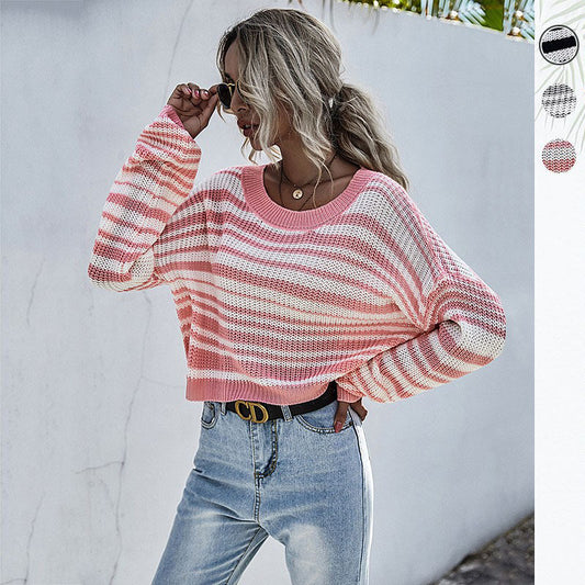 LOVEVOP popular popular autumn and winter hot sale crew neck knitted short striped contrasting sweater women's 2025 jumper women