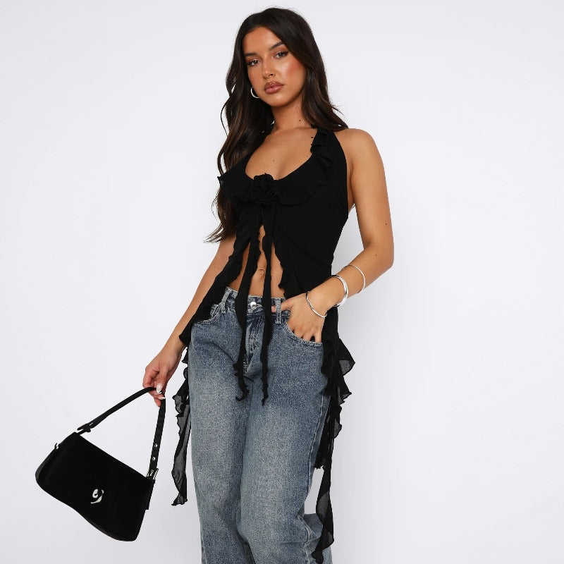 LOVEVOP Europe and the United States cross-border Hot summer new mesh yarn streamer hanging neck thin belt sexy small vest foreign trade wholesale women's clothing