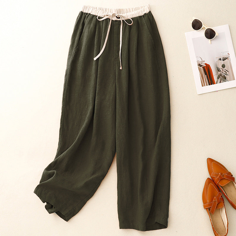 spring and summer high waist loose drape long straight pants cotton and linen versatile pants elastic pants belt drawstring
