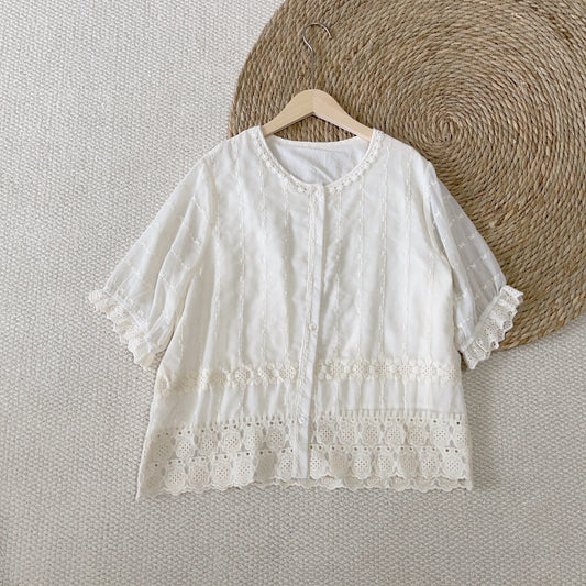 Mori Girl Doll Shirt Top Women's  Sweet Lace Embroidered Cotton Shirt