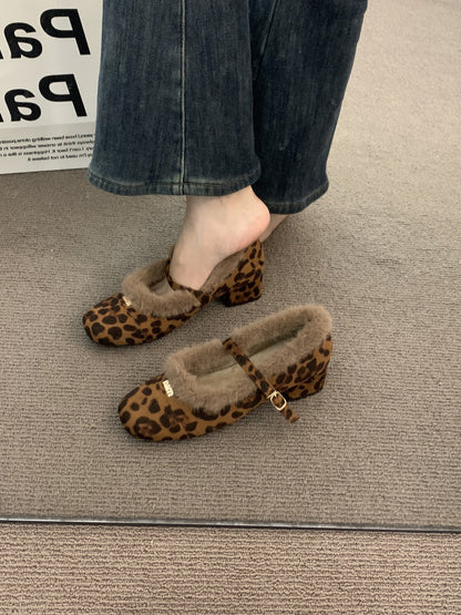 2025  high-end fashionable outer wear leopard print single shoes women's shoes popular autumn and winter thick heel velvet small fragrant style grandma cotton shoes