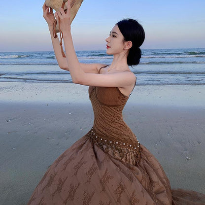 2025 Ethnic style suspender dress women's summer new retro temperament high sense heavy industry fringed lace vacation skirt