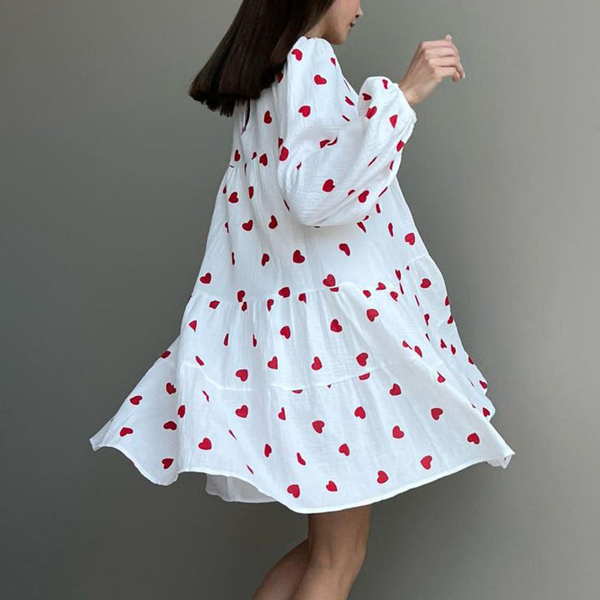 2025 fashion versatile crew neck dress women's  autumn bubble sleeve sleeve A-shaped skirt loose casual printing