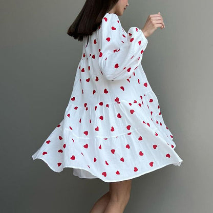 2025 fashion versatile crew neck dress women's  autumn bubble sleeve sleeve A-shaped skirt loose casual printing