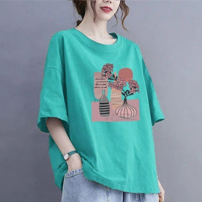 100Kg large size fat MM thin summer loose round neck T-shirt versatile short-sleeved top printed casual T-shirt women