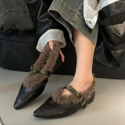 2025  Evening breeze temperament velvet Mary Jane shoes pointed inner height increase wool shoes warm and comfortable small leather shoes