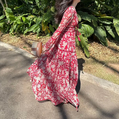 2025 Ethnic style red printed dress  niche waist a-shaped long skirt