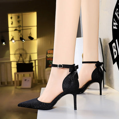 2025 286-2  style hollow high heels stiletto high heel shallow mouth pointed hollow word with back bow sandals