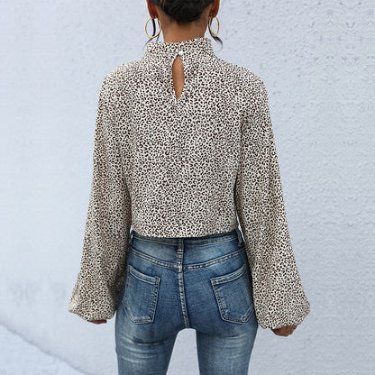 LOVEVOP New Cross-border E-commerce Spring and Autumn 2023 New Women's Clothing Short Leopard Chiffon Belly Button Shirt