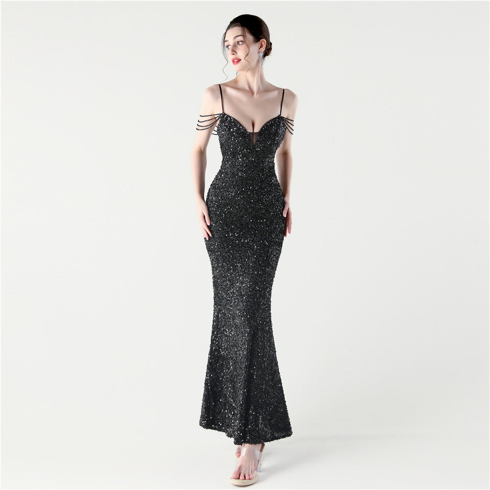 33313 #2025 New sequined beaded party wedding dinner suspender slim-fitting long evening dress