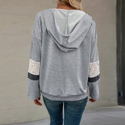 LOVEVOP Europe and the United States popular women's clothing simple work commuter women's top drawstring hooded V-neck lace splicing sweater