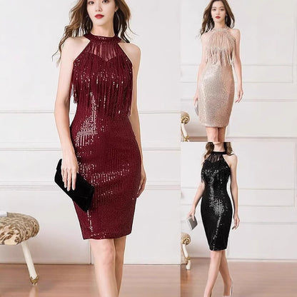 LOVEVOP 2025 sexy party neck sequined fringed dress nightclub sleeveless thin medium and long dress dress