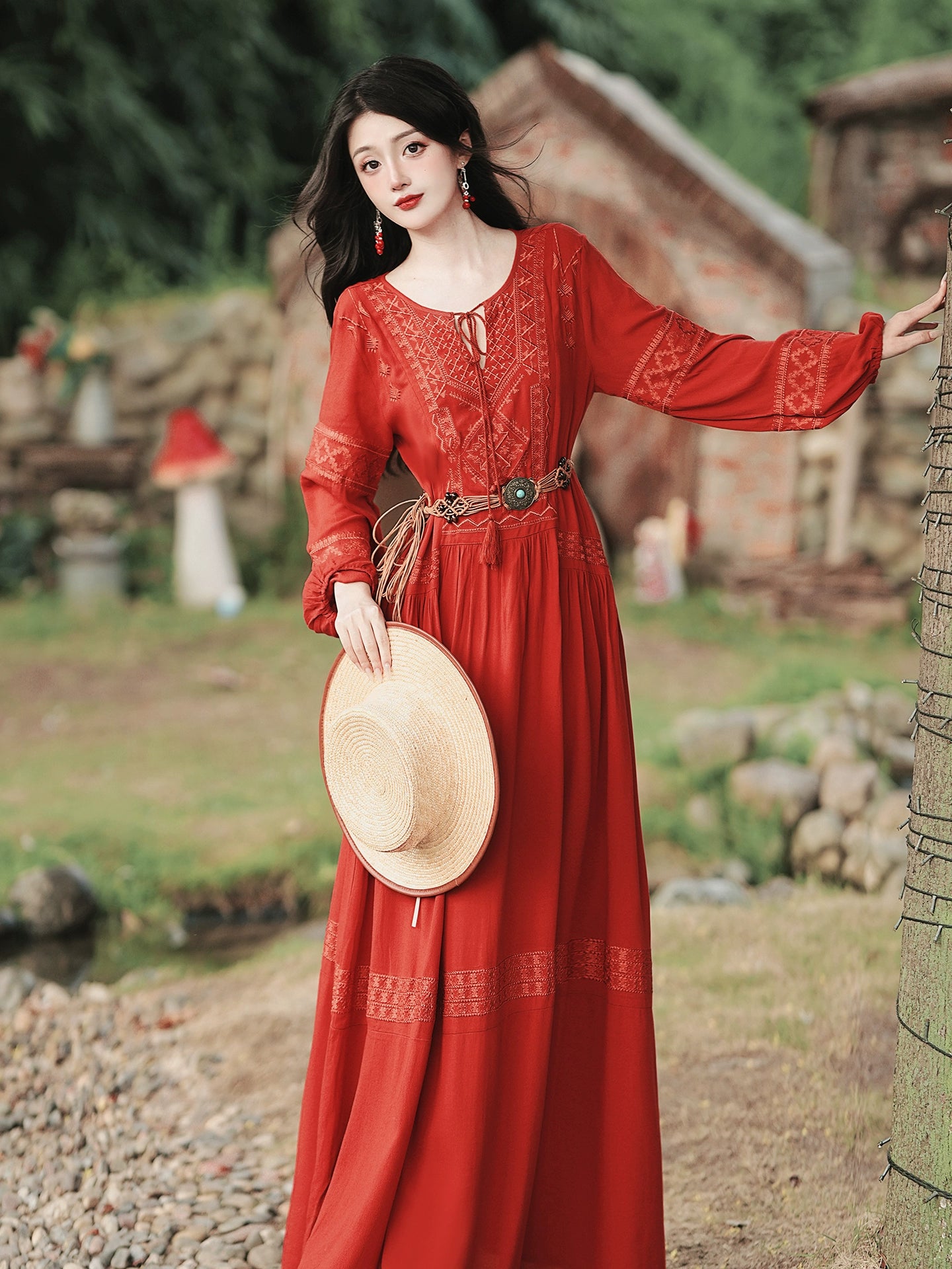 stunning retro embroidered dress women's bohemian vacation dress desert red dress red grassland dress