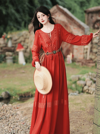 stunning retro embroidered dress women's bohemian vacation dress desert red dress red grassland dress