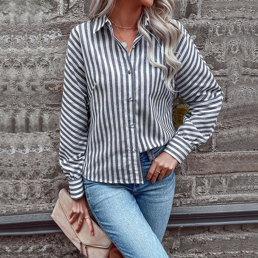 LOVEVOP Hot autumn new 2025 striped cardigan shirt long-sleeved commuter  lapel shirt women