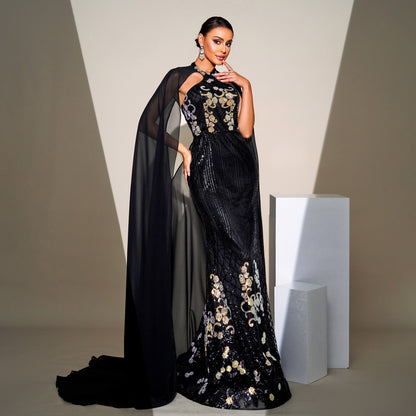 2025 high-end temperament neck long sequined mesh shawl banquet evening dress bridesmaid dress women
