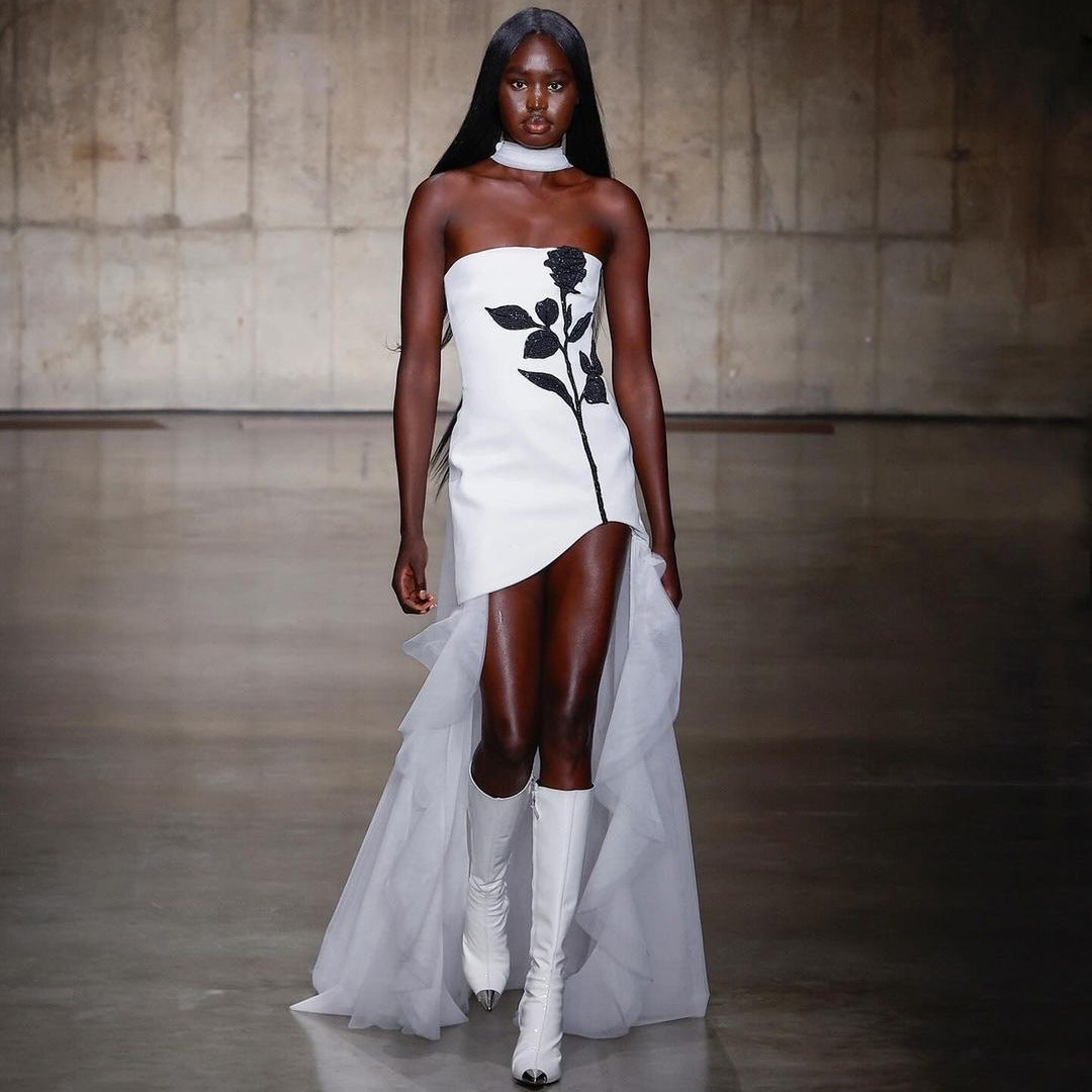 LOVEVOP  pure desire style Spice girl chest wrap neck mesh dress summer women rose hot diamond printing three-dimensional bandage skirt