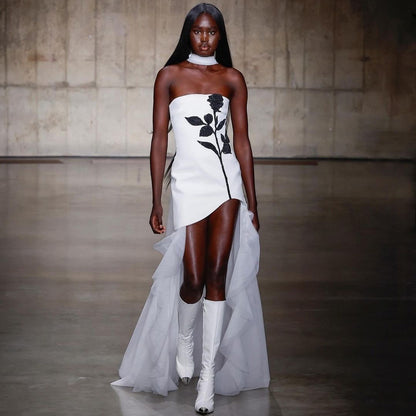 LOVEVOP  pure desire style Spice girl chest wrap neck mesh dress summer women rose hot diamond printing three-dimensional bandage skirt