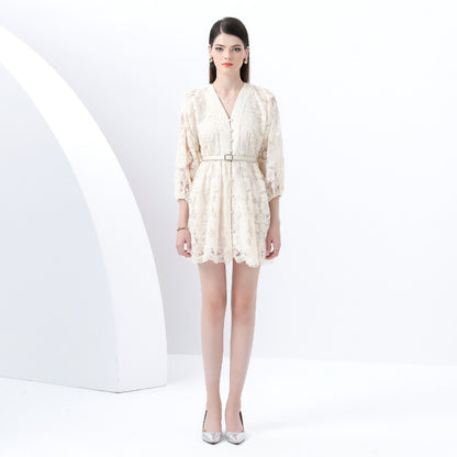 sweet court style V-neck lantern sleeves heavy industry embroidery waist thin single-breasted A-word elegant dress women