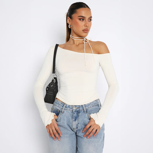 LOVEVOP 2025 INS style women's clothing Hot summer new fashionable solid color slanted shoulder slim shoulder sexy long-sleeved T-shirt top