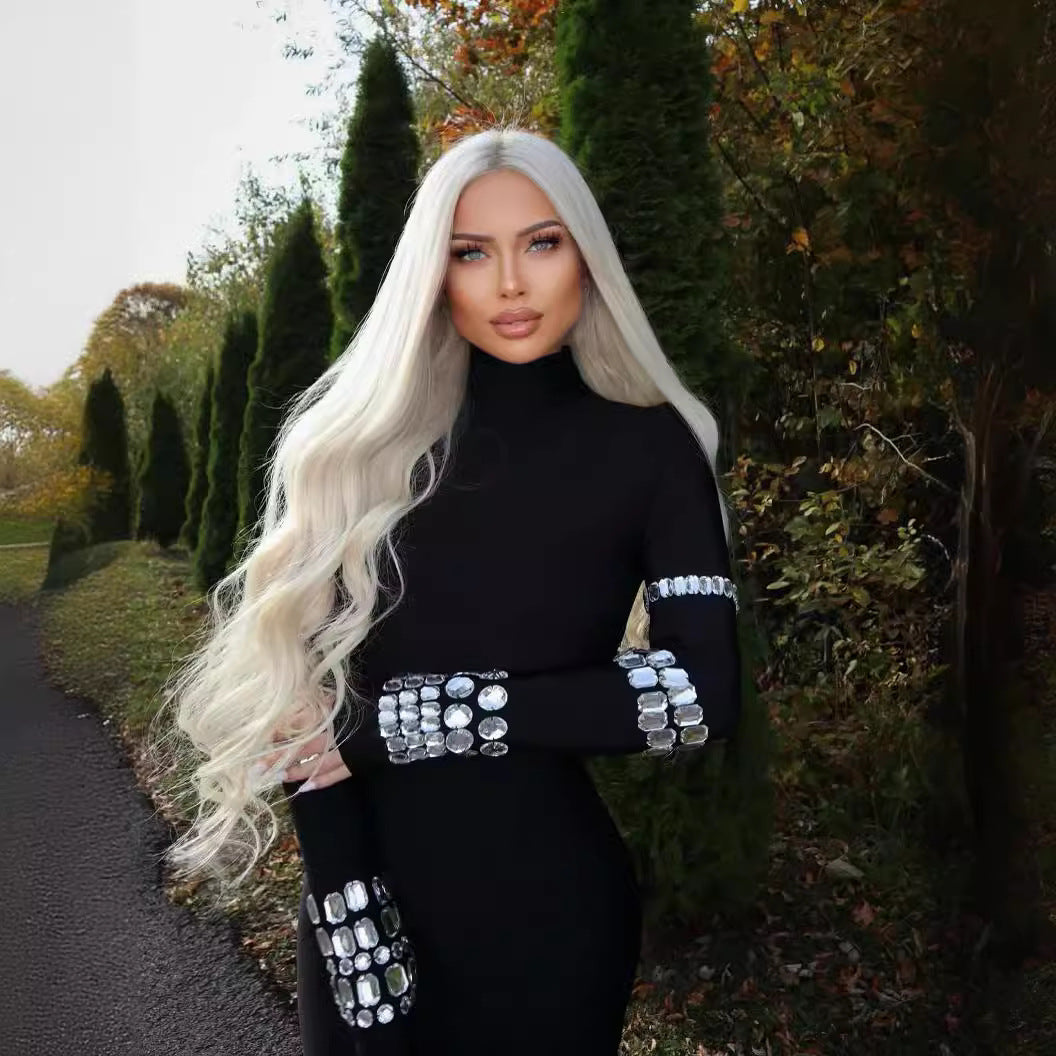 LOVEVOP  black heavy industry diamond-encrusted long-sleeved turtleneck bandage dress high-end sense slim-fitting knitted women's clothing autumn and winter models