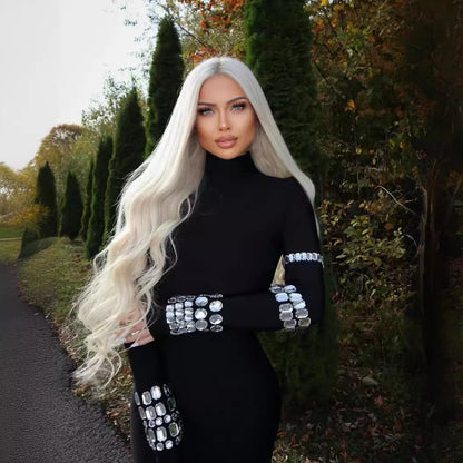 LOVEVOP  black heavy industry diamond-encrusted long-sleeved turtleneck bandage dress high-end sense slim-fitting knitted women's clothing autumn and winter models