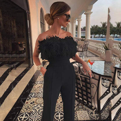 2025 New spring and summer new 2025 women's clothing feather tube top solid color pants one-word shoulder backless sexy jumpsuit