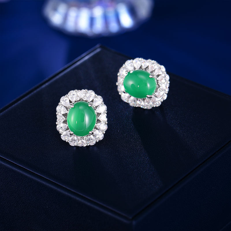 2025 New Chinese style Guochao temperament earrings light luxury retro natural ice green chalcedony earrings women's high-end oval earrings