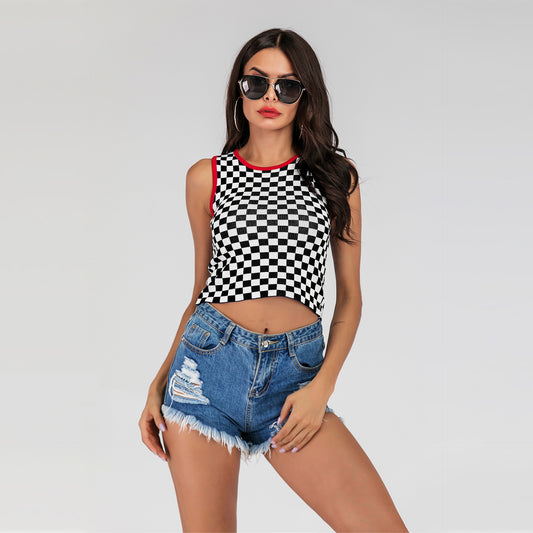 LOVEVOP 2025 New  short open-navel slim-fitting sleeveless vest checkerboard knitted bottoming tank top women