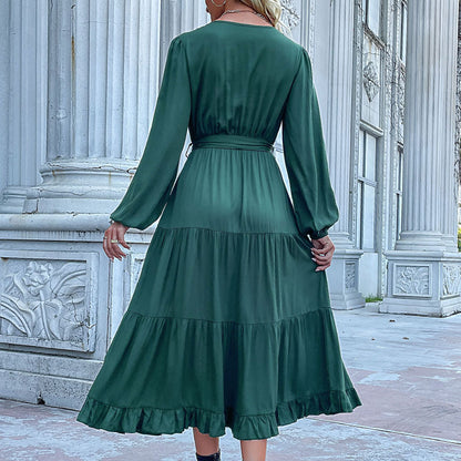 LOVEVOP Hot autumn and winter new  independent station cross-border 2025 foreign trade women's long-sleeved pleated splicing dress