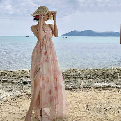 2025 floral neck super fairy atmosphere holiday style dress sexy backless seaside beach photo long dress woman